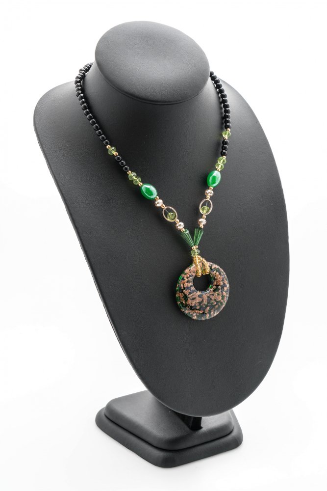 Green stone and glass pendant necklace