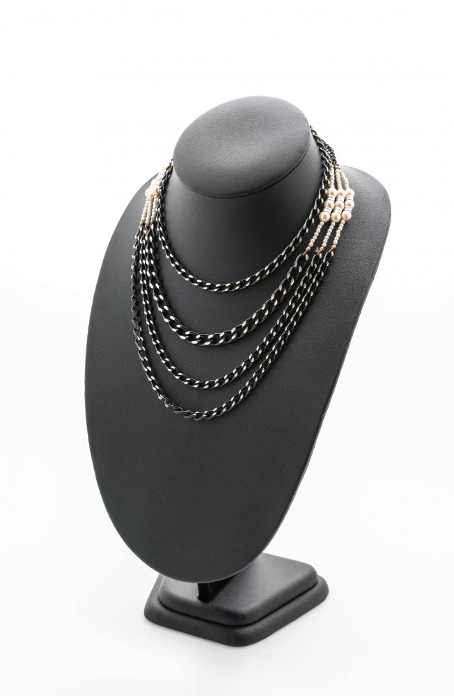 Layered black chain and pearl necklace